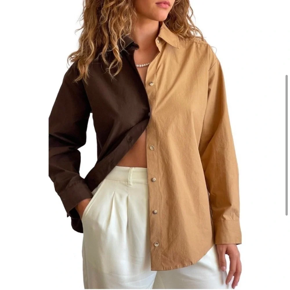 DONNI. Two-Tone Button Down Shirt in Brown and Tan - Picture 3 of 6